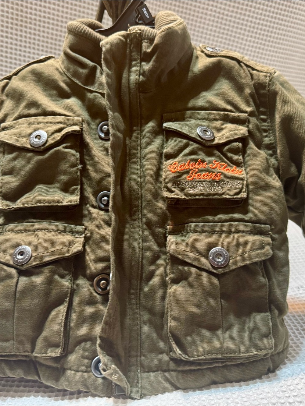 Calvin Klein Olive Green Kids Utility Jacket with Orange Logo